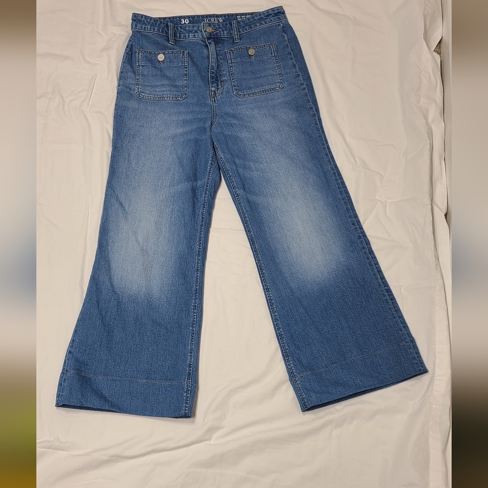 J.Crew 96 Denim Trouser Wide‎ Leg High Rise Patch Pocket Blue Jeans 30